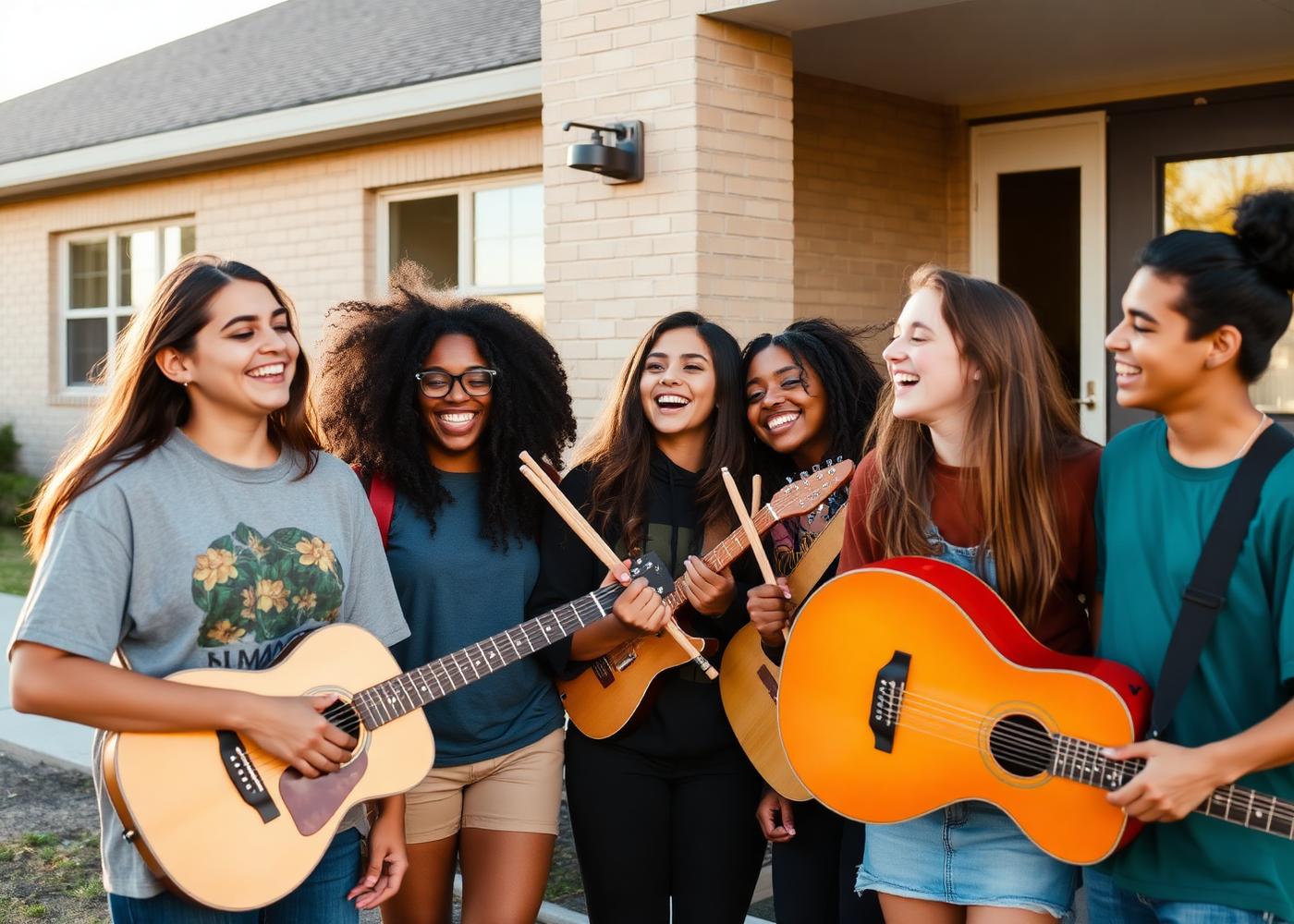 Young musicians laughing outside a workshop