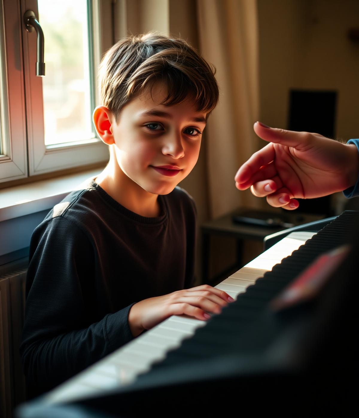 Young student learning keyboard